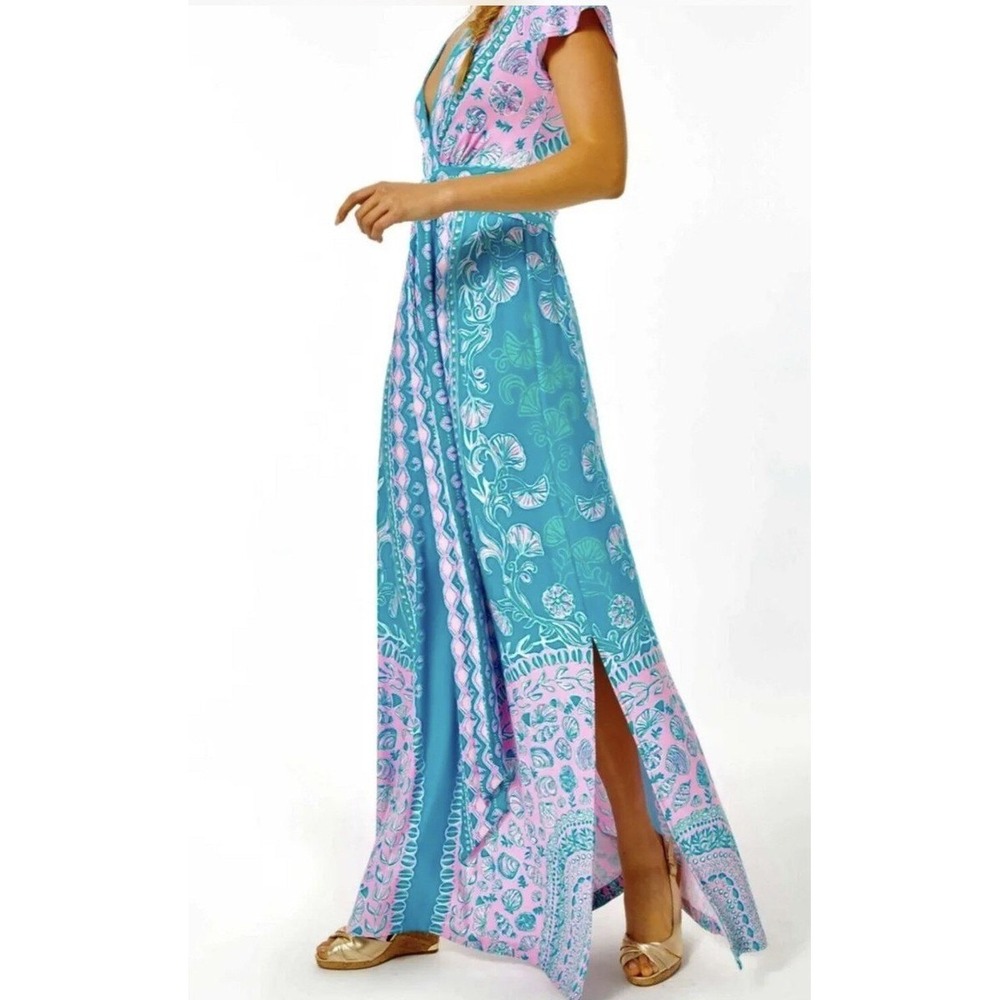 Lilly Pulitzer Esmarella Maxi Dress Large Pink Blue Shell Print Faux Wrap Boho - Picture 2 of 16
